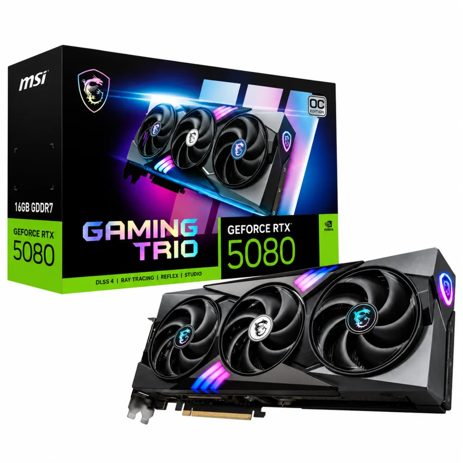 Placa de Vídeo MSI GeForce RTX 5080 16G Gaming Trio OC 16GB GDDR7 256 bits PCIe 5.0 DLSS 4 Ray Tracing G5080-16GTC