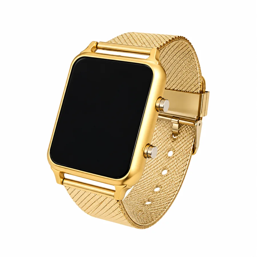Relogio Feminino Digital LED, Pulseira de Malha Milanesa Dourada, Visor Touch 12h ou 24h, Dourado