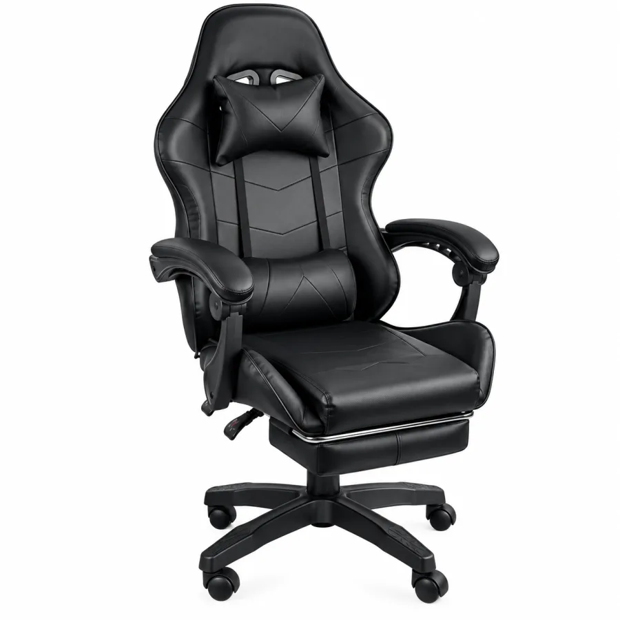 Cadeira gamer Oficial Stillus preta com apoio de pes recolhido