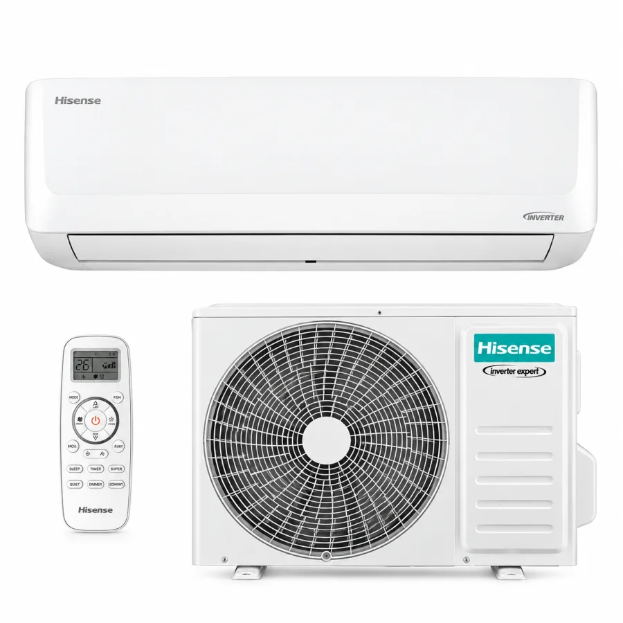Conjunto completo do ar-condicionado Hisense Inverter 12.000 BTUs quente e frio com evaporadora, condensadora e controle remoto
