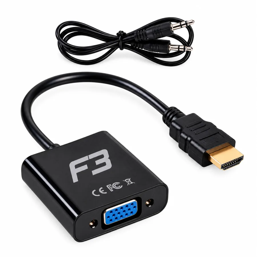 Adaptador Conversor HDMI para VGA F3 com Saída de Áudio P2 3,5mm Full HD 1080p Plug and Play Preto JC-AD-HM/VGA