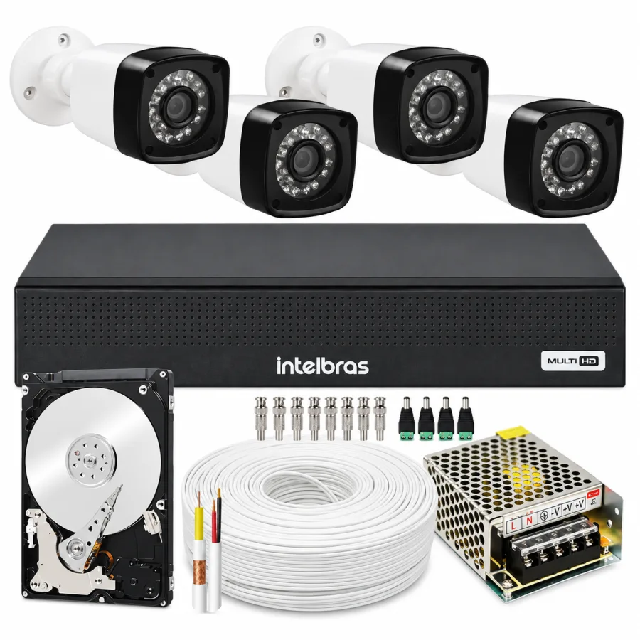 Kit CFTV Intelbras DVR MHDX 4 Canais 1080p com 4 Câmeras Bullet 720p Infravermelho 25m HD 160GB e 50m de Cabo
