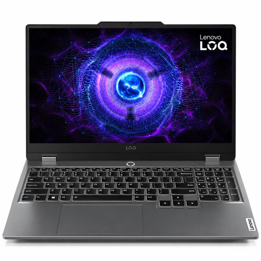 Notebook gamer Lenovo LOQ cinza aberto de frente, com RTX 4050