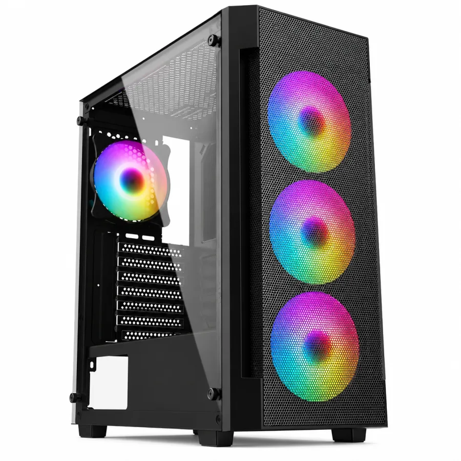 Gabinete Gamer Liketec Hurricane Mid Tower ATX Frontal Mesh Lateral em Vidro Temperado com 3 Fans de 120mm Rainbow Inclusos Preto