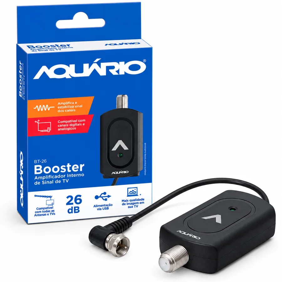 Amplificador de Sinal para Antena de TV Digital Aquário BT-26, Ganho de até 26 dB, Alimentação USB 5V, Conector F 90 Graus