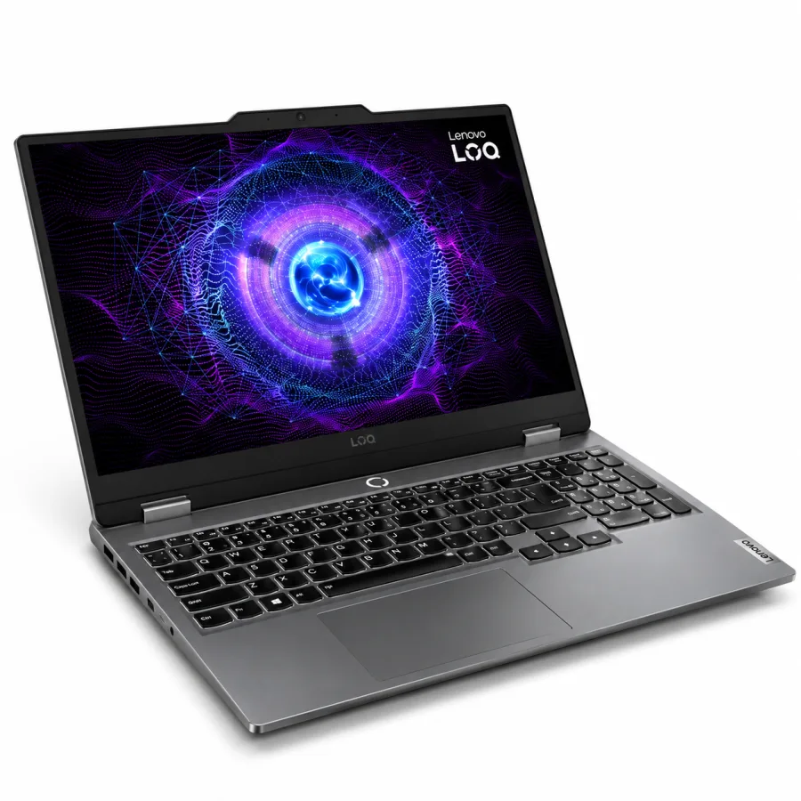 Notebook gamer Lenovo LOQ cinza aberto em ângulo, com RTX 3050
