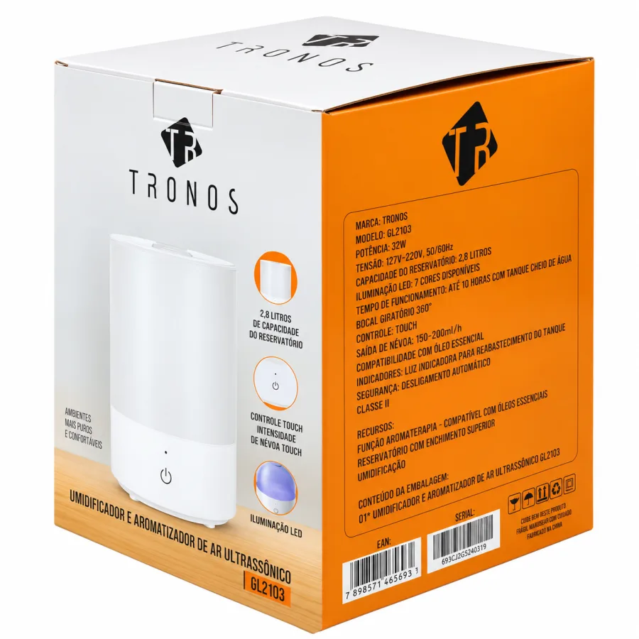 Umidificador e Aromatizador de Ar Ultrassônico Tronos 2,8L LED 7 Cores Touch Bocal 360° Autonomia 10h Bivolt