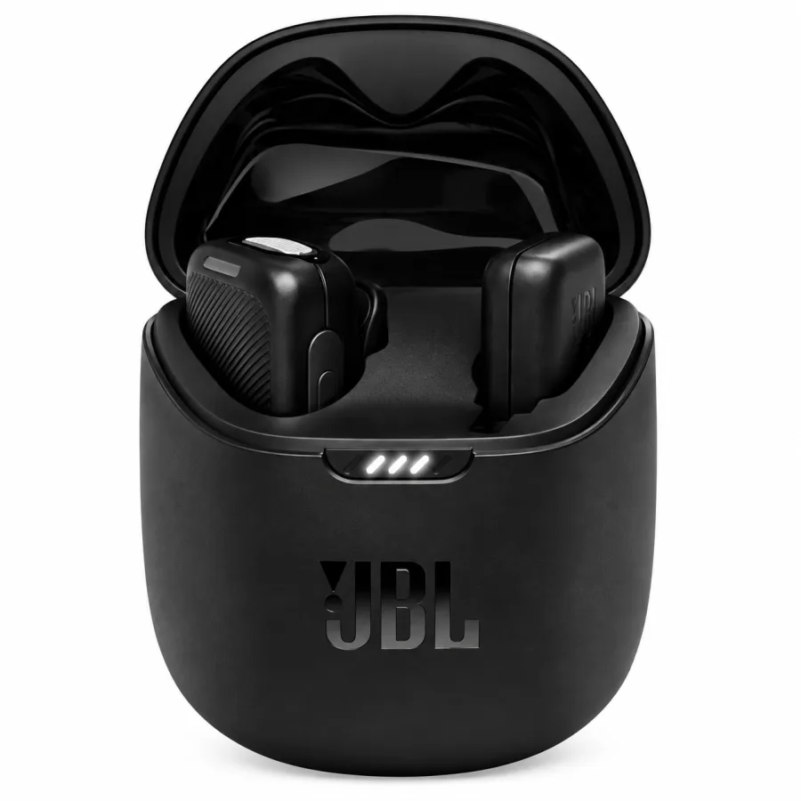 Microfone de Lapela Sem Fio JBL Quantum Stream Wireless 2.4 GHz Receptor USB-C Cancelamento de Ruído Ambiente e Estojo de Recarga Preto