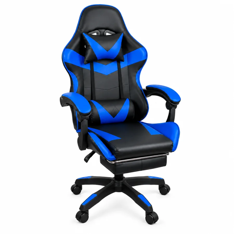 Cadeira gamer Oficial Stillus preta e azul com apoio de pes