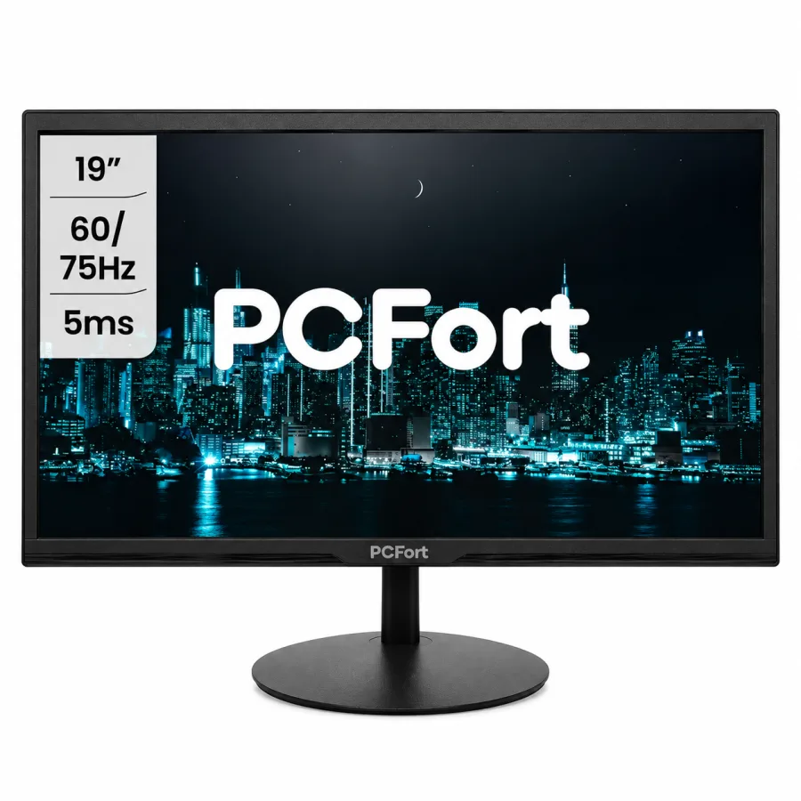 Monitor Empresarial PCFort F1930 19" LED, Resolução 1440x900, 75Hz, 5ms, HDMI e VGA, VESA 100x100, Bivolt, Cabo HDMI Incluso