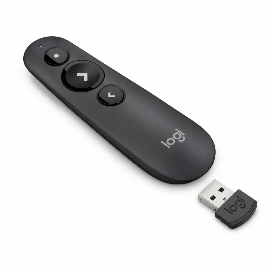 Apresentador Logitech R500s Sem Fio com Ponteiro Laser Vermelho, Bluetooth e Receptor USB 2,4 GHz, Alcance de 20 m, Preto