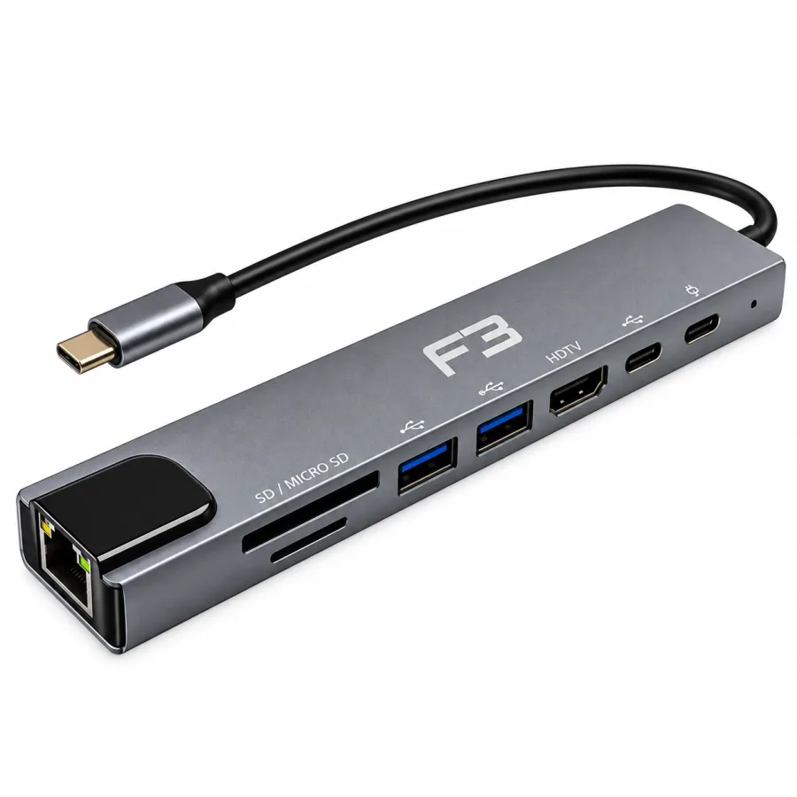 Hub USB-C F3 8 em 1 JC-TYC-860 HDMI 4K 30Hz, 2x USB 3.0, USB-C PD 87W, Leitor SD e Micro SD, Rede RJ45 100 Mbps, Aluminio Cinza