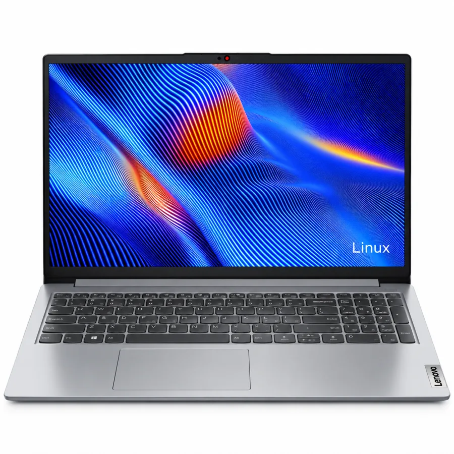 Notebook Lenovo IdeaPad 1 cinza aberto, visto de frente com Linux na tela