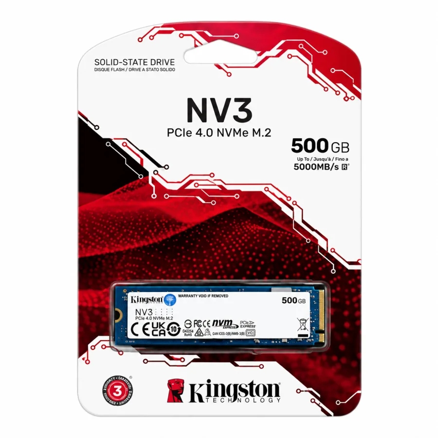 SSD Kingston NV3 500GB M.2 2280 PCIe 4.0 x4 NVMe Leitura 5000MB/s Gravação 3000MB/s SNV3S/500G