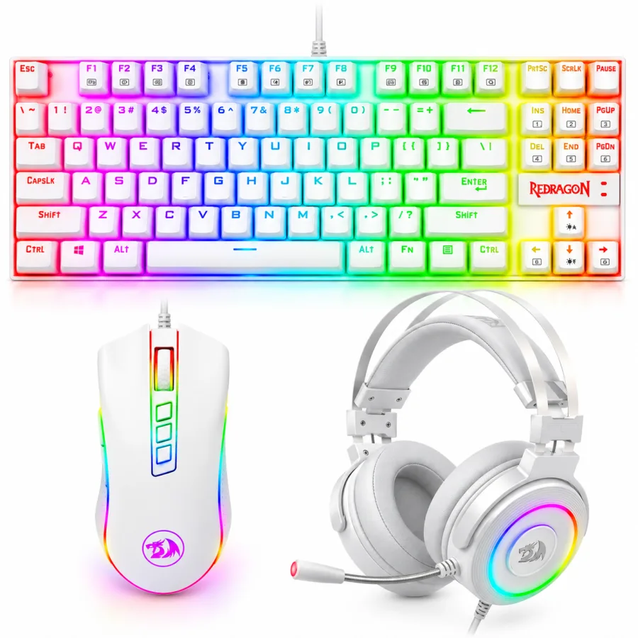 Kit Gamer Redragon S125W Lunar White Teclado Mecânico Kumara TKL ABNT2 Switch Blue Mouse Cobra V2 12400 DPI e Headset Lamia 2 Surround 7.1 Branco