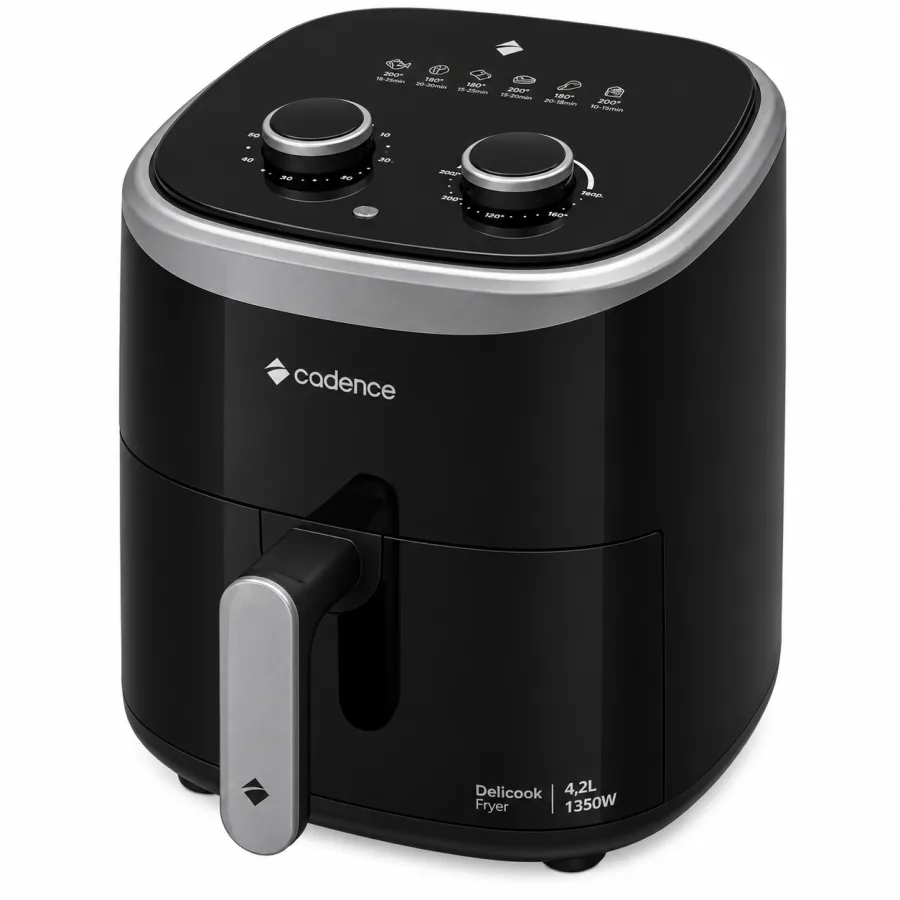 Fritadeira Elétrica Sem Óleo Air Fryer Cadence Delicook Fryer 4,2L 1350W Timer 60 Minutos Grelha Easy Clean Preta FRT420