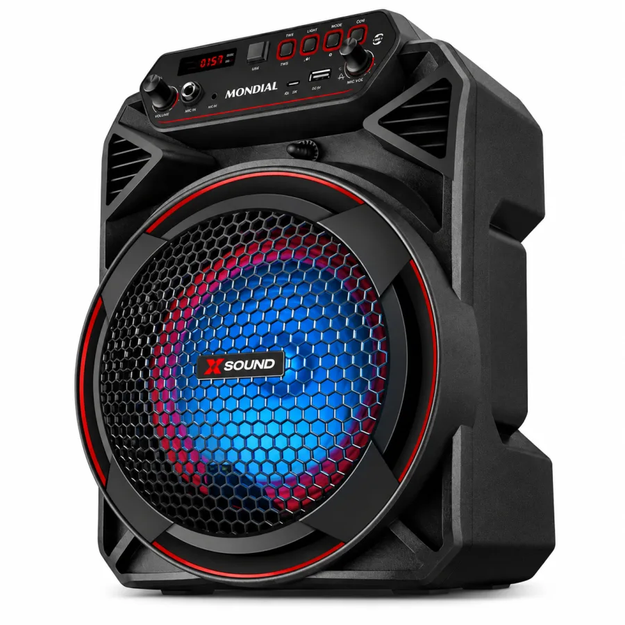 Caixa de Som Amplificada Mondial CM-220-N 220W Bluetooth 5.3 Rádio FM USB Microfone Bateria