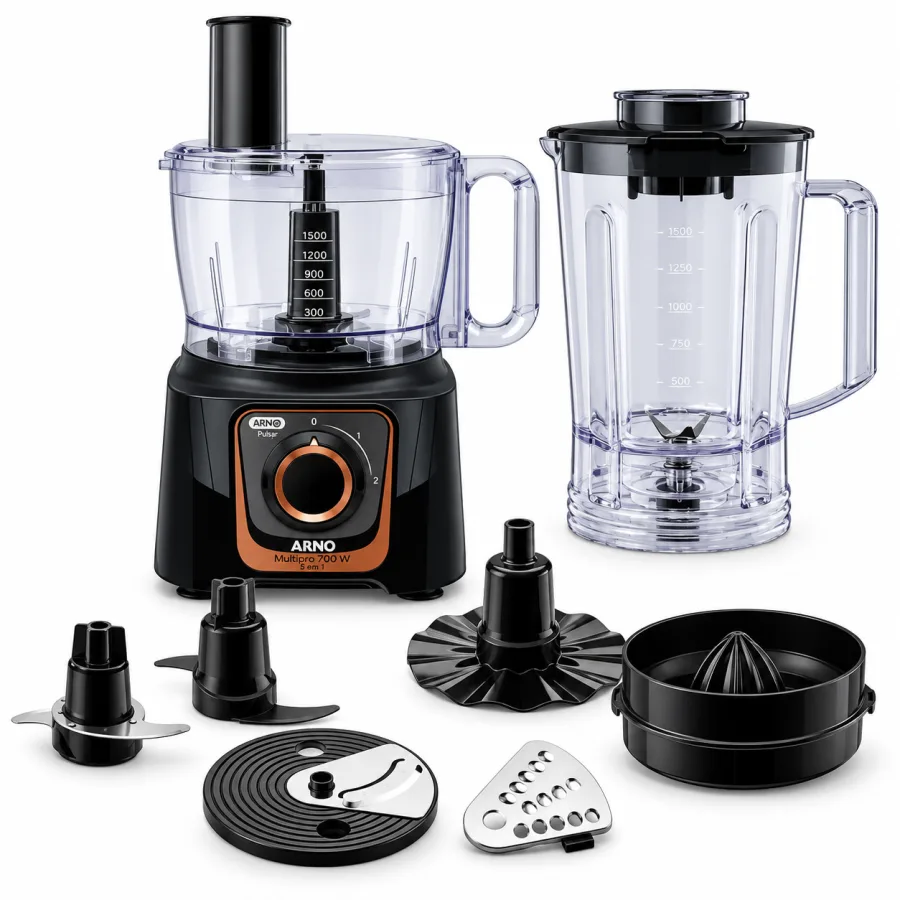 Multiprocessador de Alimentos Arno MultiChef MP72 700W 7 em 1 24 Funções Preto 2 Velocidades Jarra 3,1L Tigela 1,5L