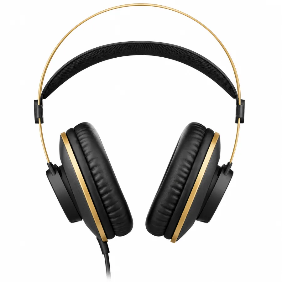 Headphone AKG K92 preto e dourado visto de frente, com o arco de ajuste automatico