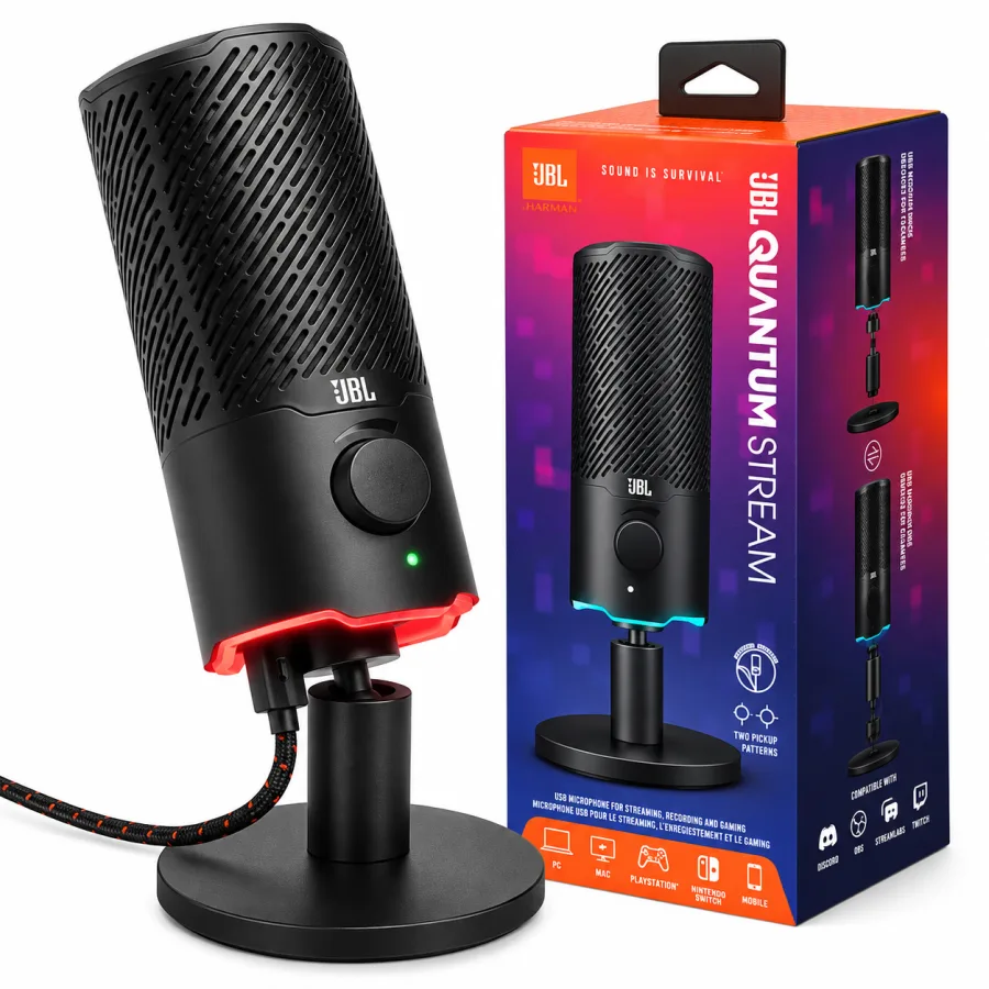 Microfone Condensador JBL Quantum Stream USB com 2 Padrões Polares Cardioide e Omnidirecional 96 kHz Corpo Metálico e LED RGB Preto